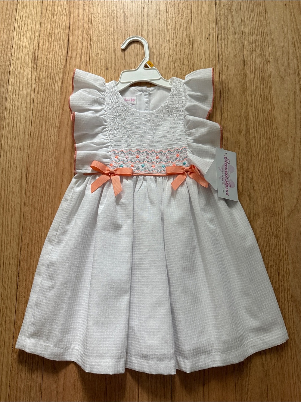 NWT Bonnie Jean 3T Dress - White Peach Smocked Pinafore